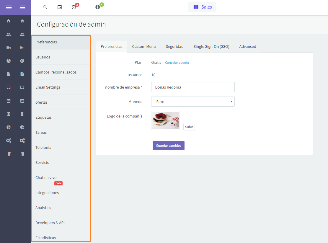 Menú de opciones para la configuración de la herramienta.