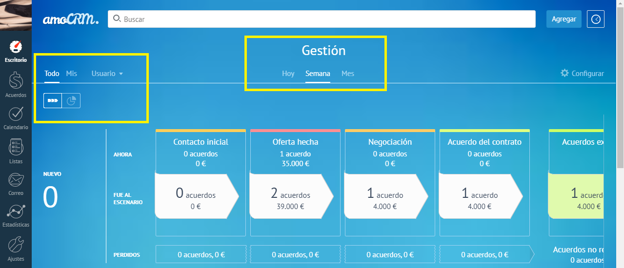 Parte del escritorio de amoCRM. Vista resumen