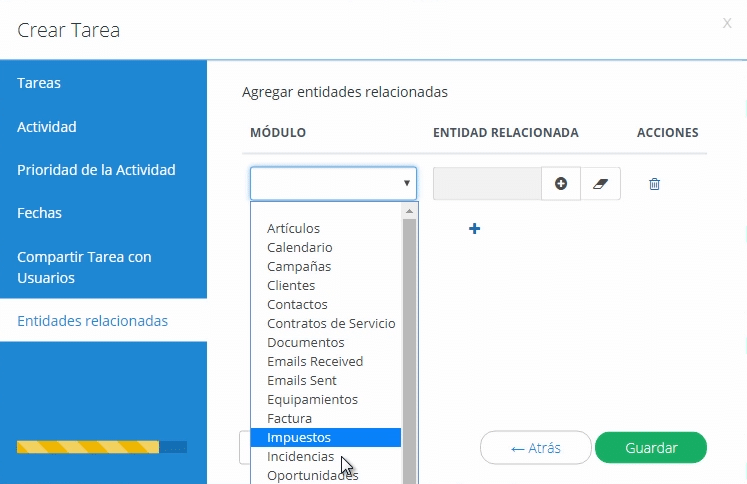 Relación de la tarea con entidades registradas en módulos (opcional)