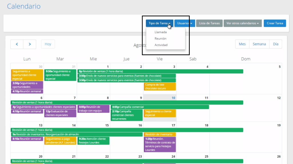 Tipos de tareas en el calendario