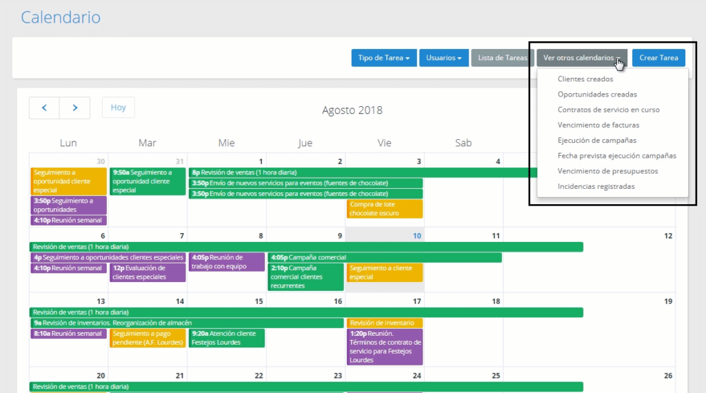 Tipos de calendarios asociados a módulos