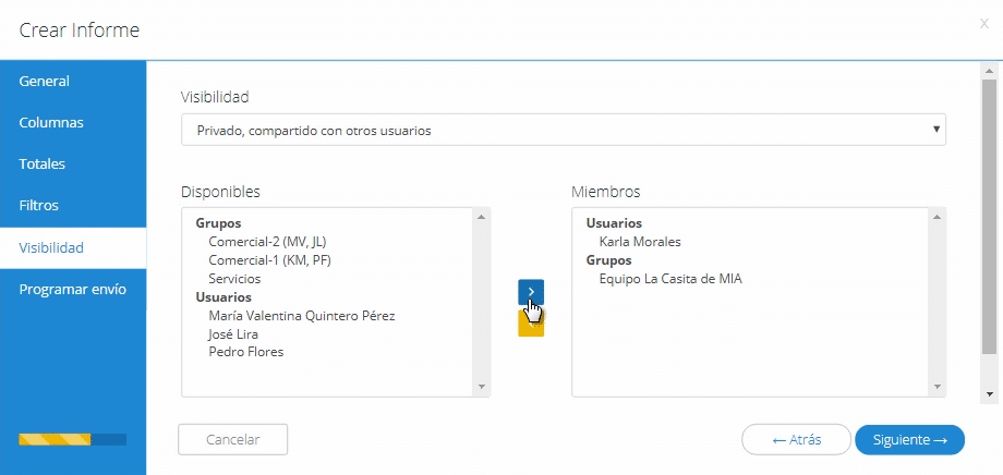 Sección visibilidad para los informes