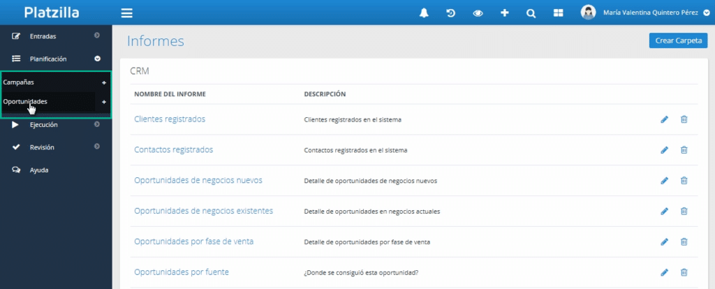 Menú Planificación / Oportunidades - Crear informes para apoyar la gestión en una pyme.