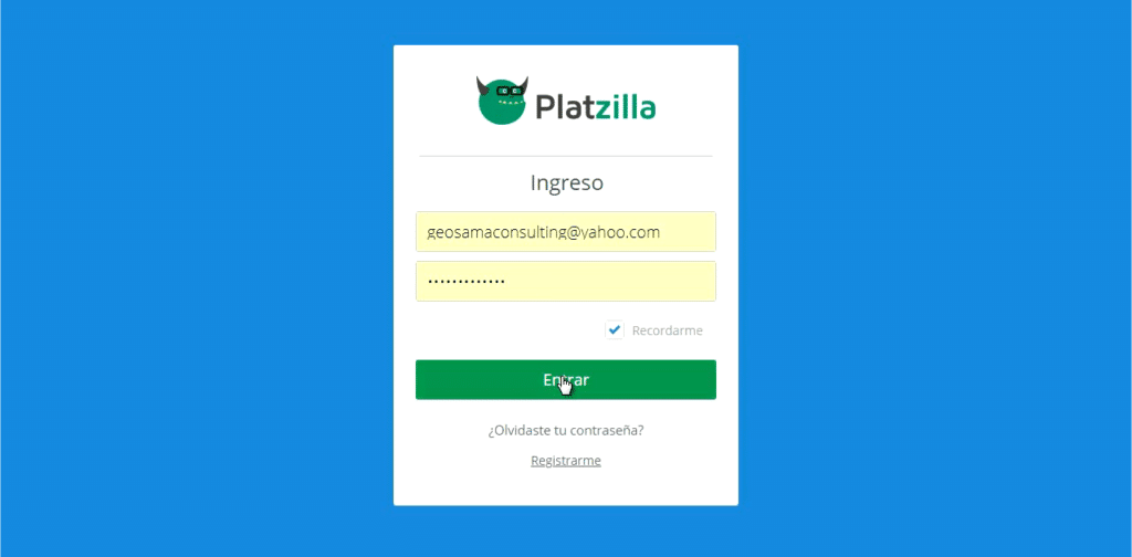 Vista para el inicio de sesión en Platzilla