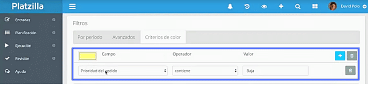 Criterio de color amarillo para marcar los pedidos con menor prioridad