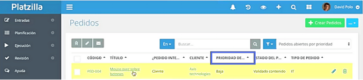 Al dar clic a esta columna podemos acceder al modo de edición de la prioridad del pedido