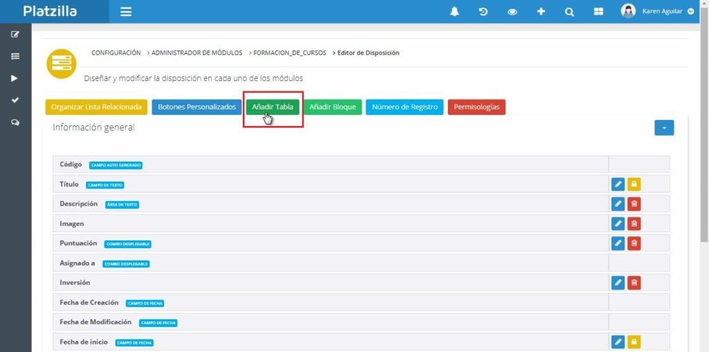 Botón para crear tablas en un módulo