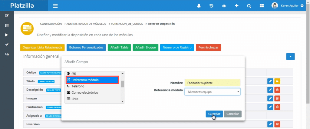 Campo “facilitador suplente” - tipo Referencia módulo