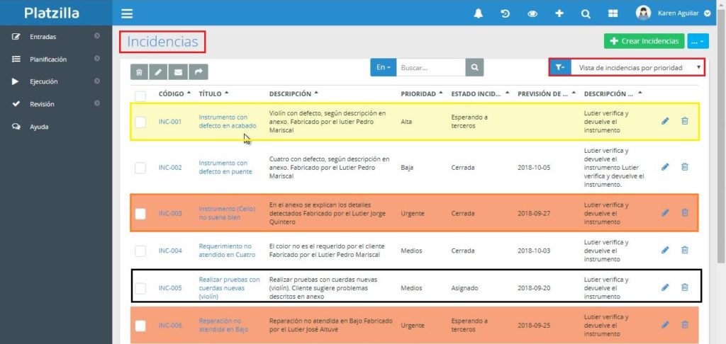 Vista de incidencias por prioridad, diferenciadas por colores