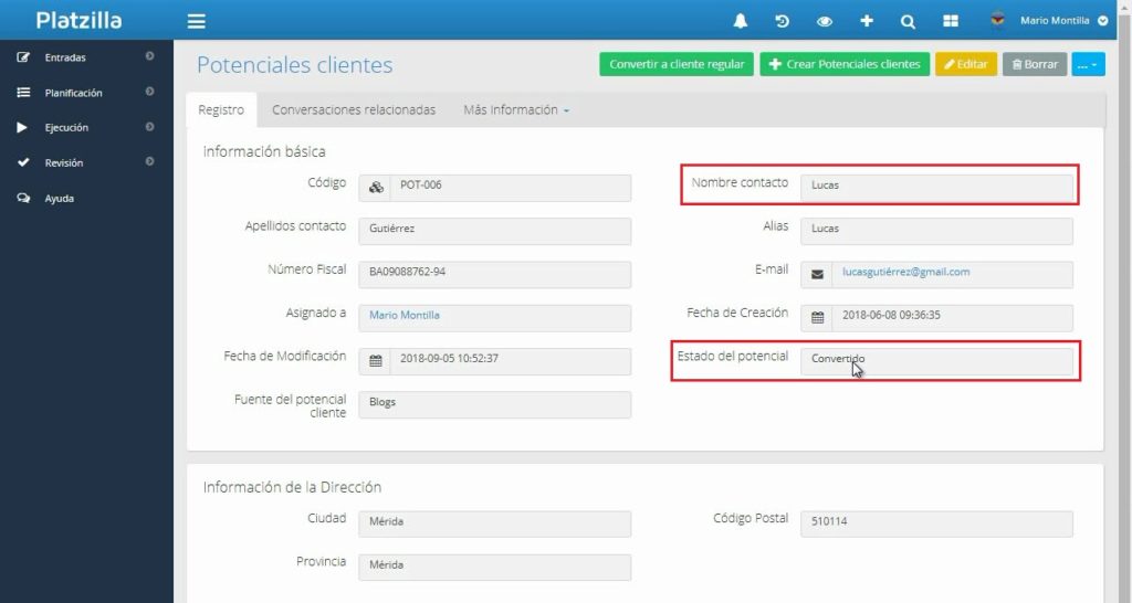 Cliente convertido al hacer clic en el botón personalizado (además, se crea un registro en Clientes).