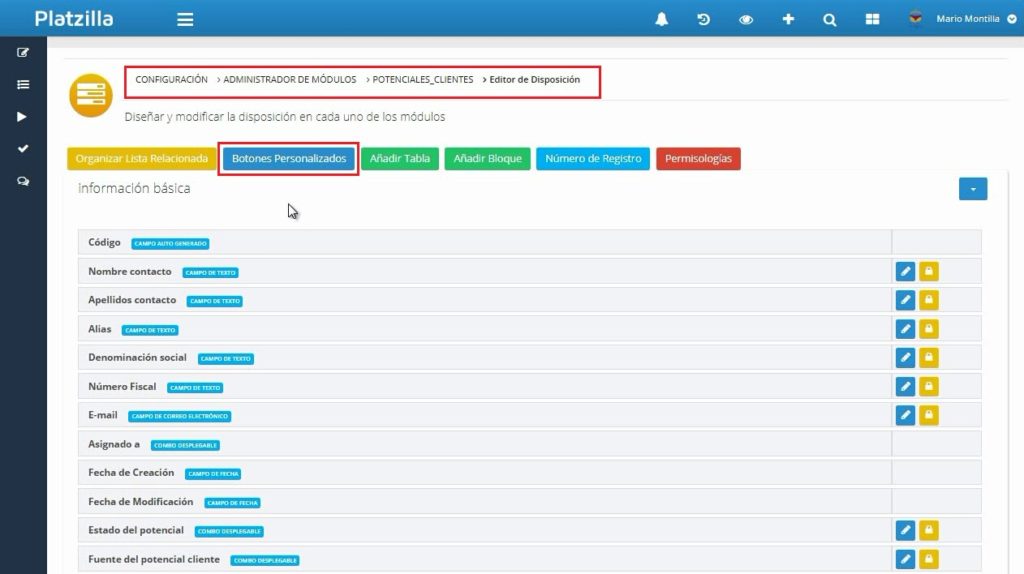 Editor de Disposición del módulo “Potenciales Clientes”