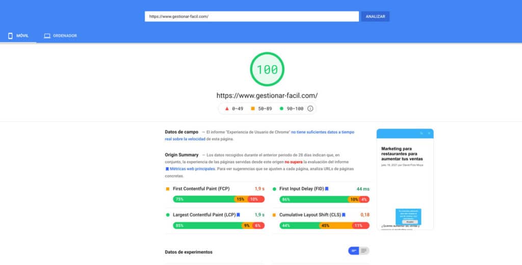 Google page speed insights, resultados para gestionar fácil